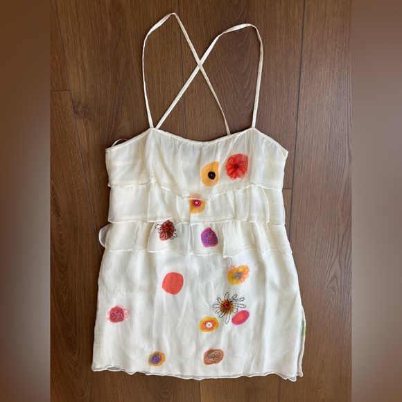 Tocca 100% Silk Cream Dress with Colorful Floral Accents and flowy layers - Picture 6 of 13